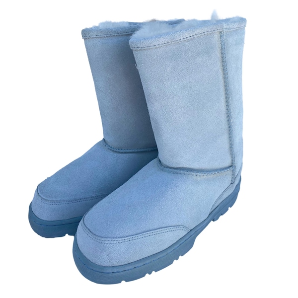 10" Sky Blue Boots - Genuine Sheepskin Slip On Boots