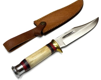Silver Night Clip Point Hunter Knife with Leather Sheath