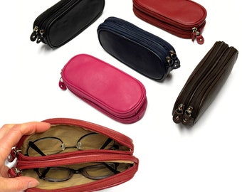 Cowhide Leather Double Glasses Case with Lens-Safe Lining