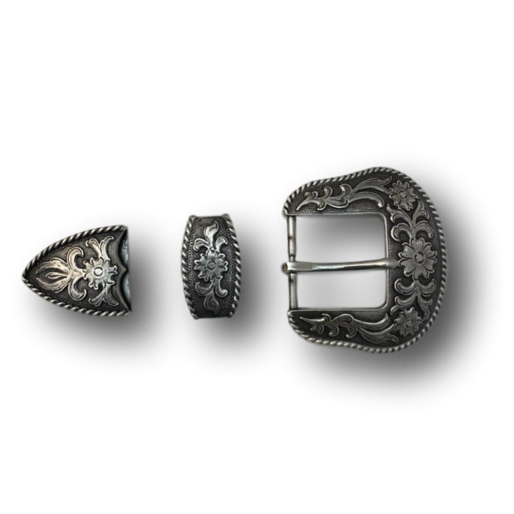 Three Piece Sterling Silver Plated Belt Buckle Set Fits up to 1.5 Belts 