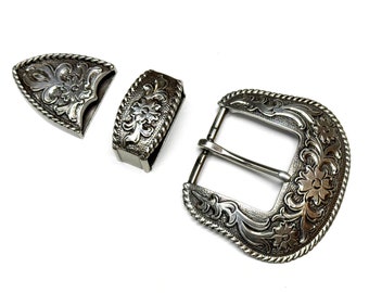 Three Piece Sterling Silver Plated Belt Buckle Set - Fits up to 1.5" Belts