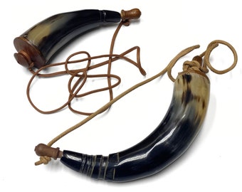 Genuine Buffalo Powder Horns with Leather Cord and Wooden Plug