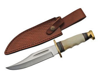 Bowie Hunter Knife with Bone Handle and Leather Sheath