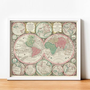 1730 Doppelhalbkugel Weltkarte von Matthaus Seutter, Poster Map, Vintage Weltkarte, Weltkarte des 18.Jahrhunderts, Historische Weltkarte