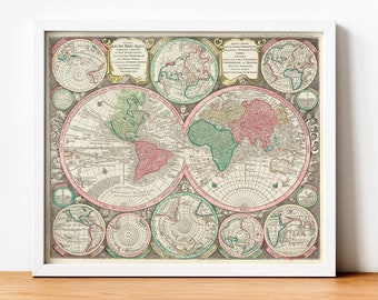 1730 Double Hemisphere Map of the World by Matthaus Seutter, Poster Map, Old Vintage World Map, 18th century Historical World Map, Historic