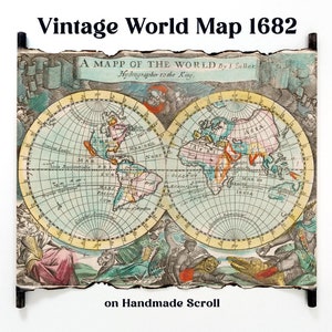 A Mapp of the World 1682 by John Seller, hydrographer to the King (England), Vintage Map on Handmade Scroll, 17th Century Map of the World