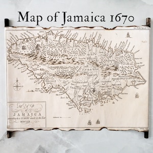 Mapa vintage de Jamaica 1670 en pergamino hecho a mano, antiguo mapa antiguo de JAMAICA según una encuesta realizada en el año MDCLXX (1670) por Kitchin