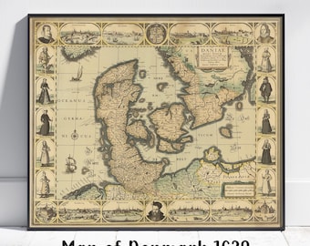Denmark Antique Map 1629 by Janssonius, Denmark Old Map, Wall Art, Home Decor Poster, Vintage Map Print, beautiful old map of Denmark