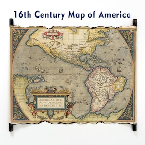 Mapa de América del siglo XVI, Typus Orbis Terrarum 1595, Americae sive Novi Orbis, Nova Descriptio de Abraham Ortelius, Mapa de América Vintage