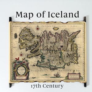 Mapa de Islandia de 1635, mapa antiguo de Islandia, mapa del siglo XVII de Willem Janszoon Blaeu, Tabula Islandiae, mapa antiguo de la Mancomunidad de Islandia.