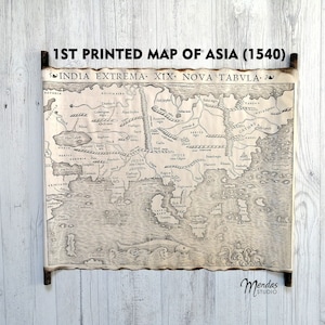 Antiguo mapa de Asia 1540 en pergamino hecho a mano, India Extrema XIX Nova Tabula, primer mapa impreso de Asia por Sebastian Munster, de 1540