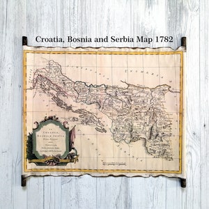 Mapa antiguo de Croacia, Bosnia-Herzegovina y Serbia 1782, pergamino hecho a mano, mapa antiguo de Croacia, Bosnia, Serbia, mapa antiguo de Dalmacia