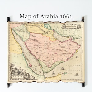 Mapa antiguo de Arabia 1661 en pergamino hecho a mano, Mapa vintage de la Península Arábiga, Mapa antiguo de Arabia, Mapa antiguo de Oriente Medio, Mapa de Arabia Saudita
