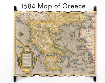 Kaart van Griekenland en de Egeïsche Zee uit 1584 door Abraham Ortelius op een handgemaakte rol, vintage kaart van Griekenland, historische kaart van Griekenland, oude kaart