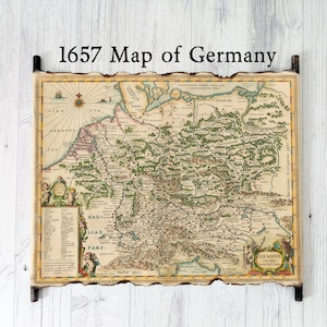 Oude kaart van Duitsland, 1657 Jansson-kaart van Duitsland (Germania), antieke kaart van het Duitse rijk, vintage kaart van Duitsland, oude kaart van Duitsland