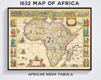 Africa Old Map - 1632 Africae nova Tabula by Jodocus Hondius and Jan Jansson, Wall Decor, Art Poster, Antique map of Africa 17th Century