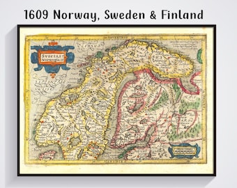 Norway, Sweden & Finland Old Map 1609 Atlas Minor, Wall Poster, 17th Century Old Map of  Scandinavia, Vintage Norway, Sweden, Finland Print