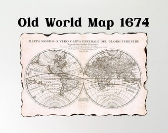 1674 Map of the World by Giacomo Giovanni Rossi, Old World Map 1674, Old Map Poster with burnt edges, Handmade Scroll, Vintage, Antique Map