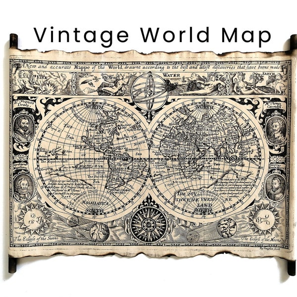 Vintage World Map on Handmade Scroll, Old World Scroll Map, Antique Worldmap, Antique World Atlas Rare Map, Unique Maps