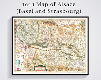 1644 Map of Alsace (Basel and Strasbourg) by Jansson, region of northeastern France, Old Map, Wall Art, Home Decor Poster