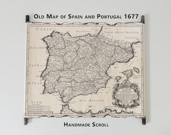 Alte Karte von Spanien und Portugal La Spagna 1677 auf handgefertigter Rolle, Detaillierte Karte von Spanien, Portugal und den Balearen