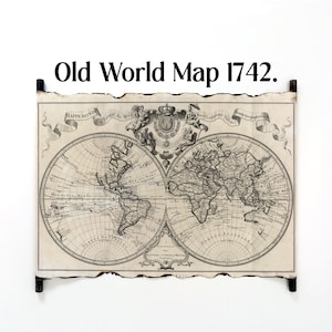 Mapa del Viejo Mundo 1742., Mapa mundial del doble hemisferio de 1742 por Lisle, Guillaume de., reproducción impresa en pergamino hecho a mano, Mapa del mundo vintage