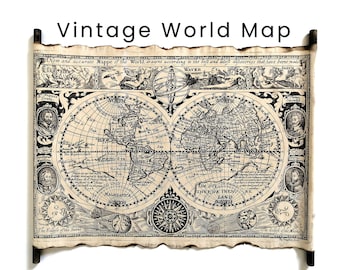 Vintage World Map on Handmade Scroll, Old World Scroll Map, Antique Worldmap, Antique World Atlas Rare Map, Unique Maps