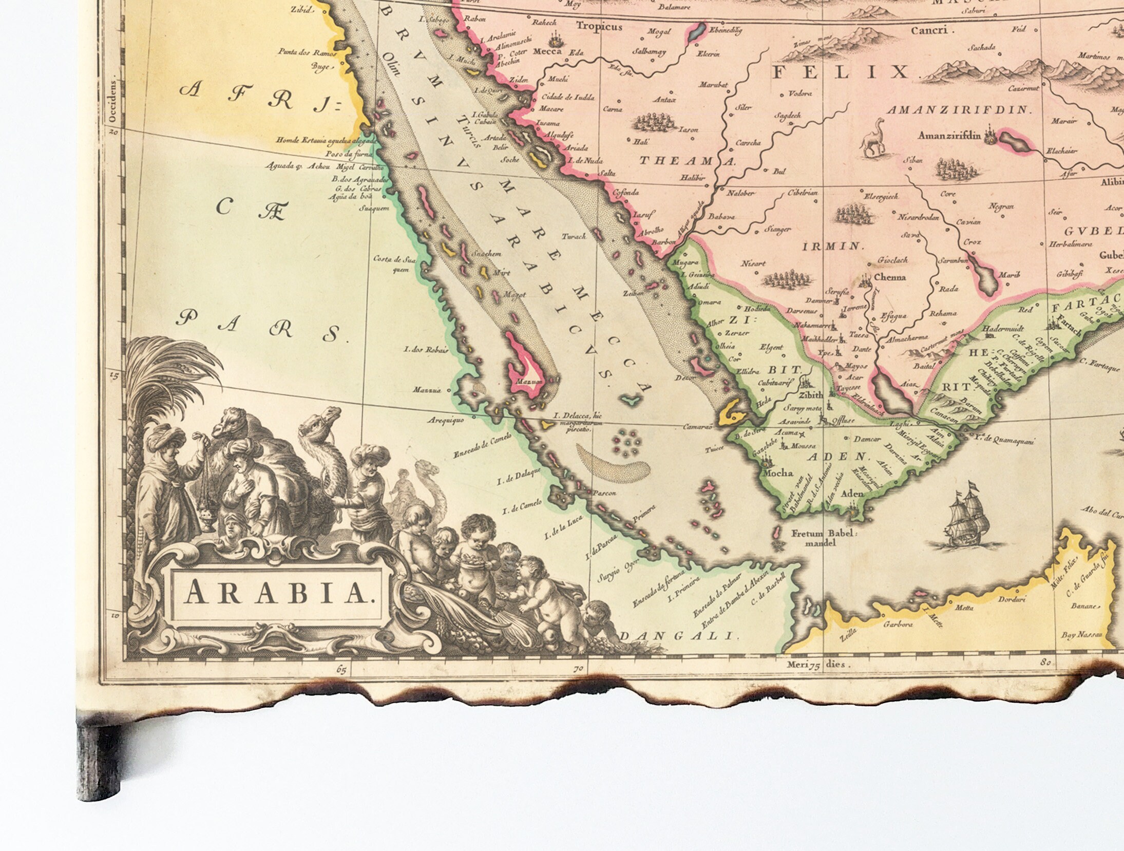 Old Map of Arabia 1661 on Handmade Scroll, Vintage Map of Arabian