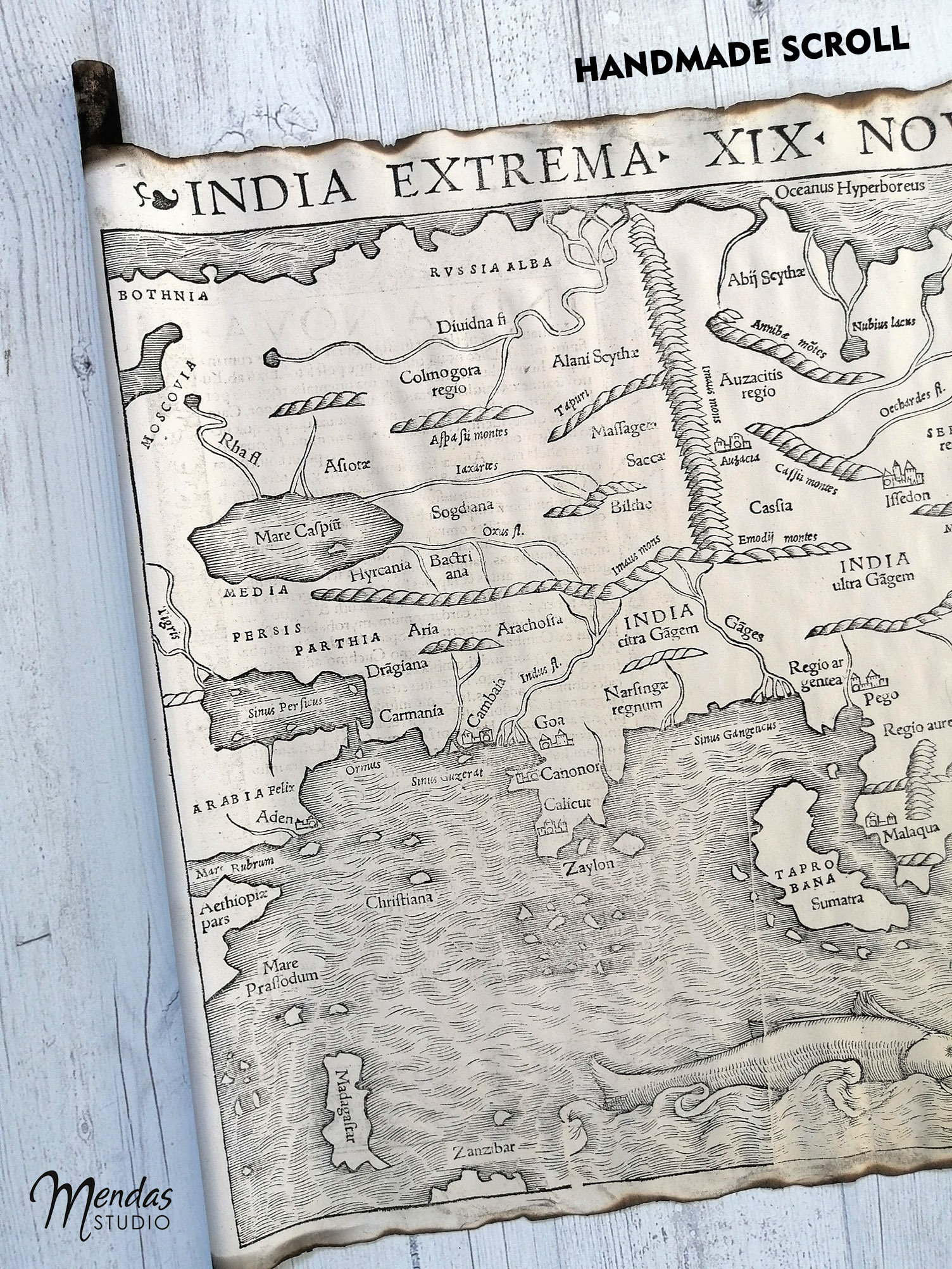 Old Map of Asia 1540 on Handmade Scroll, India Extrema XIX Nova Tabula ...