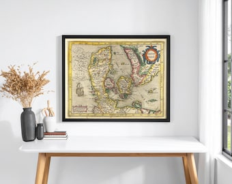Denmark Map by Gerardi Mercatoris 1609, Daniae Regnu, Atlas Minor, Denmark Antique Map, 17th Century Denmark Map, Wall Art, Home Decor Print