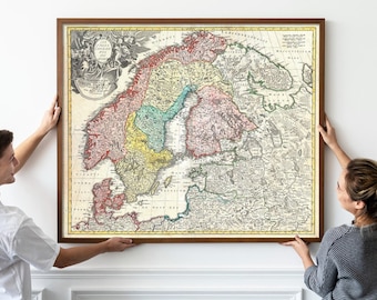 1730 Map of Scandinavia, Norway, Sweden, Denmark, Finland and the Baltics, Poster,  J. B. Homann Map of Scandinavia, Old Maps 18th Century