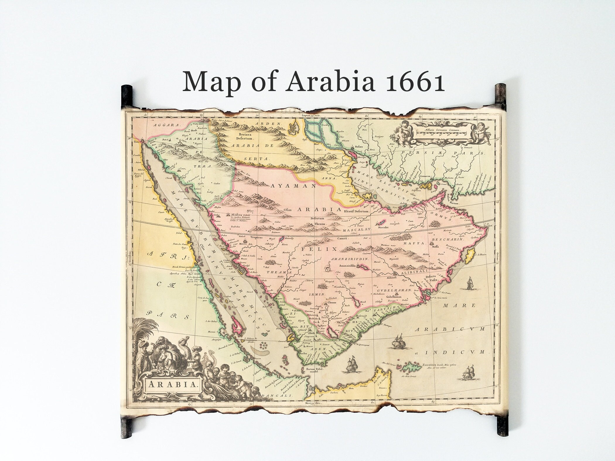 Old Map of Arabia 1661 on Handmade Scroll, Vintage Map of Arabian