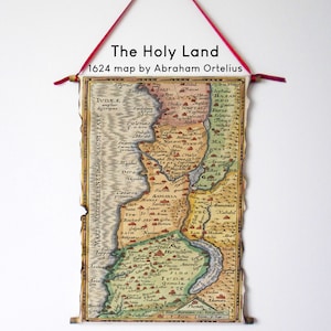 Mapa antiguo de Tierra Santa, 1624. Mapa detallado de Abraham Ortelius en pergamino hecho a mano. Mapa antiguo de Tierra Santa, mapa de Israel y Palestina.