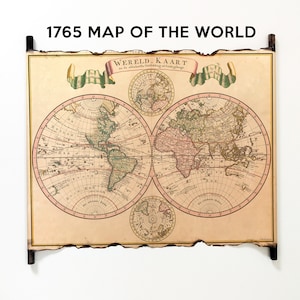 1765 Mapa del mundo, Mapa del Viejo Mundo, Mapa mundial vintage del doble hemisferio 1765 en pergamino hecho a mano, Mapa del mundo antiguo, Mapa del mundo histórico