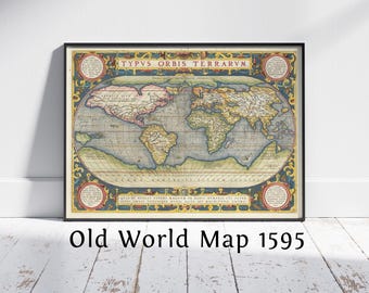 Old World Map 1595. Theatrum Orbis Terrarum - Typus Orbis Terrarum, first modern World Atlas by Abraham Ortelius, 16th Century World Map