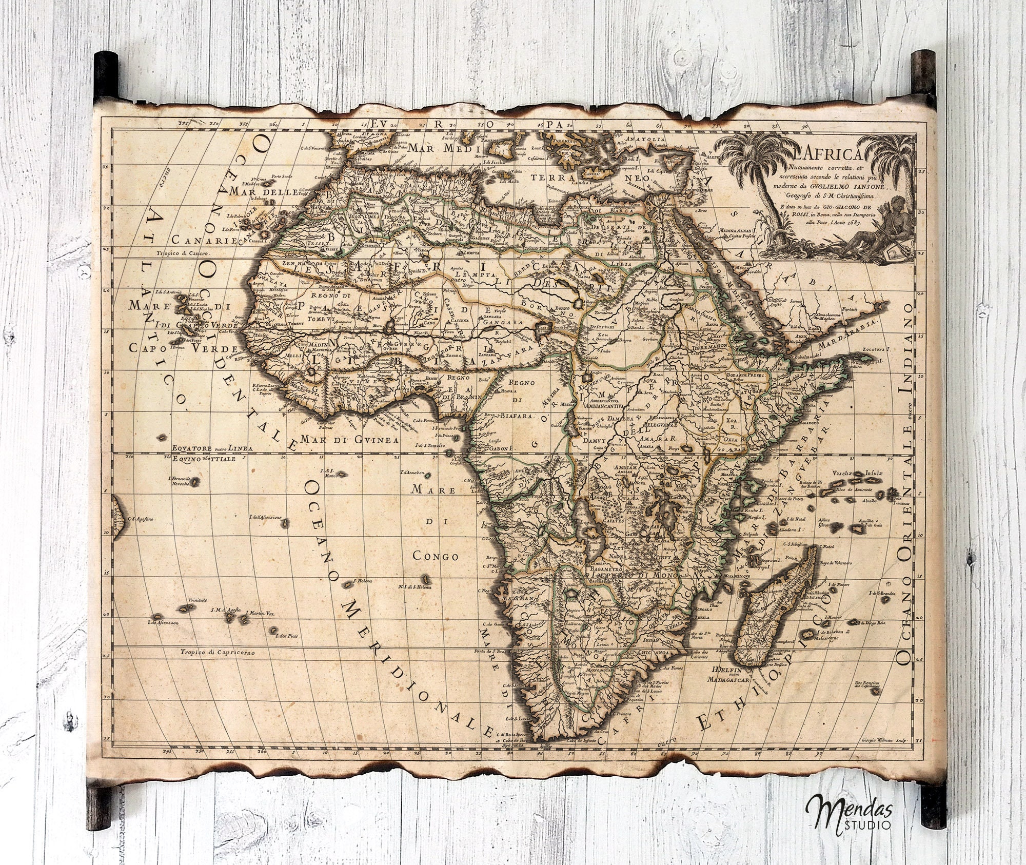 1687 Map of Africa on Handmade Scroll, L'africa, Old Map of Africa