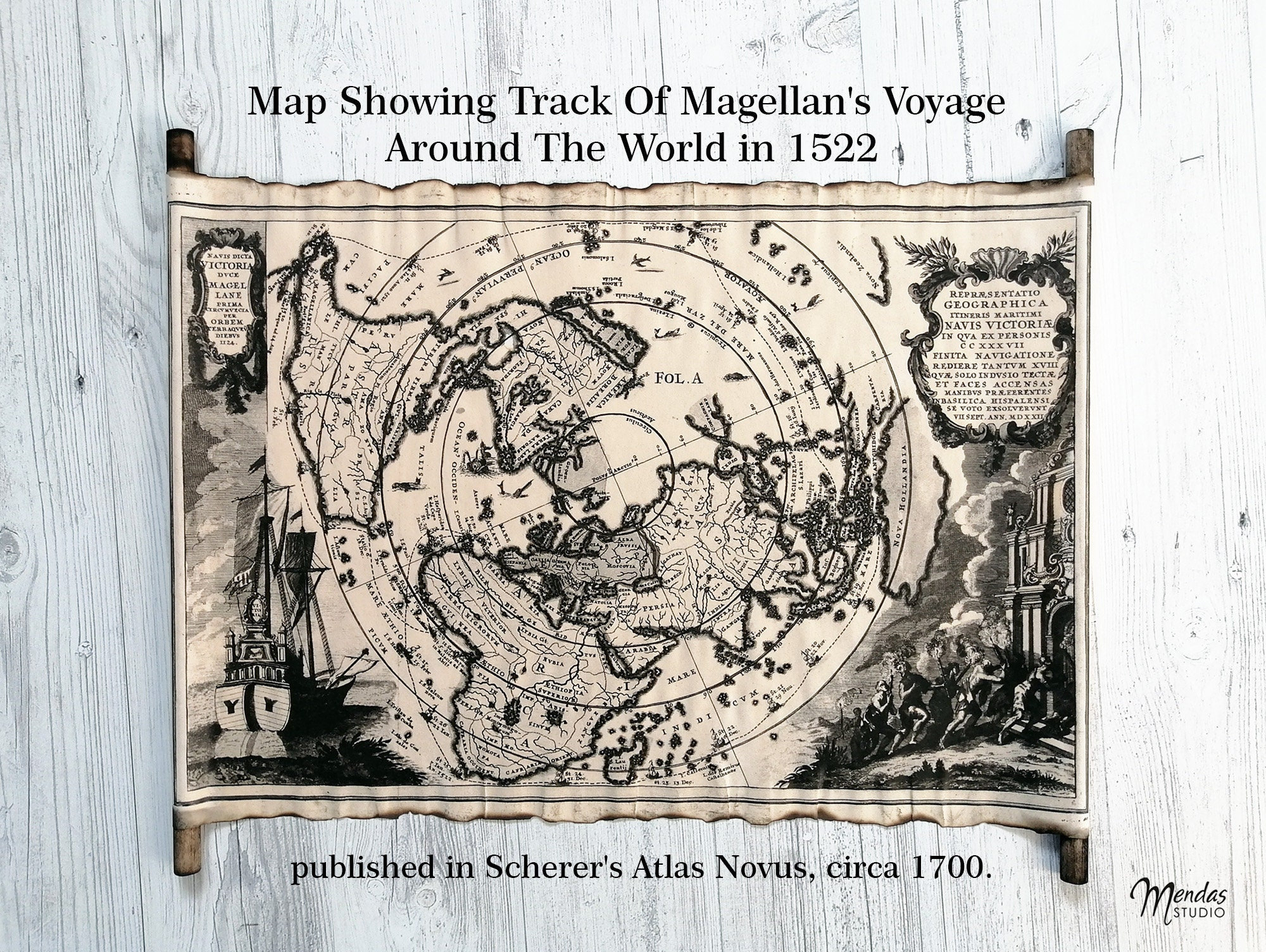 Map of Magellan's Voyage Around The World in 1522, World Map shows Magellan's Circumnavigation, Published in Scherer's Atlas Novus, 1700