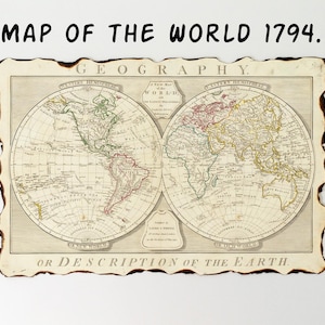 Karte der Welt 1794. vom KartographenSamuel Dunn, Geographie oder Beschreibung der Erde, eine neue Karte der Welt, Vintage alte Weltkarte