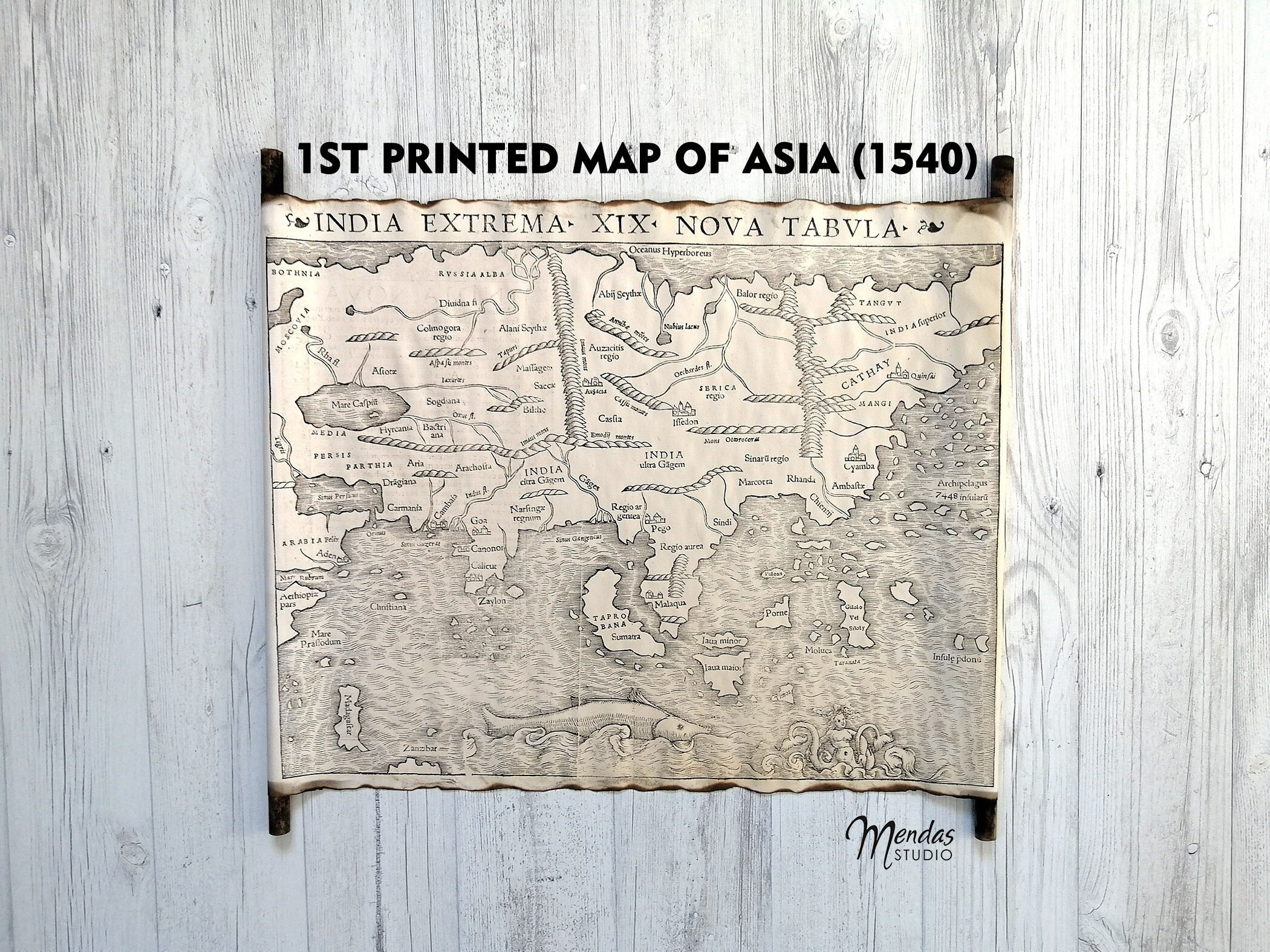 Old Map of Asia 1540 on Handmade Scroll, India Extrema XIX Nova Tabula ...