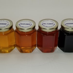 Pode incluir: Quatro pequenos frascos de vidro de mel com tampas douradas. Os frascos são etiquetados com o texto "Finger Lakes Wild Honey.com" e o tipo de mel: "Basswood", "Wildflower", "Fall Flower" e "Buckwheat".