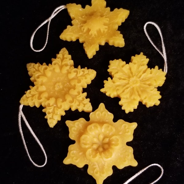 Beeswax Snowflake Ornaments - Set of Four - Yellow, White, Blue, Pink