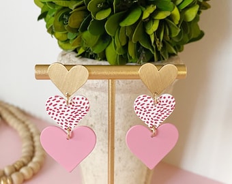 Pink Triple Heart Statement Earrings: Lightweight Valentine's Fashion