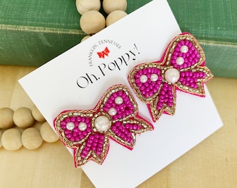 Pink Bow Beaded Earrings: Faux Pearl Statement Jewelry