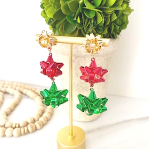 Christmas Bow Dangle Earrings: Red, Green, and Gold Holiday Earrings
