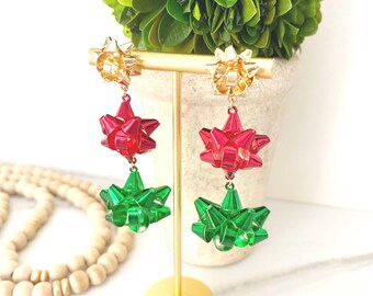 Christmas Bow Dangle Earrings: Red, Green, and Gold Holiday Earrings