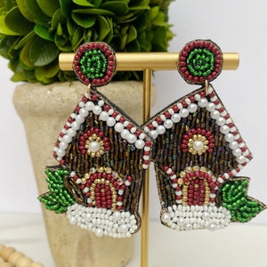 Beaded Gingerbread House Earrings: Christmas Holiday Dangle Earrings