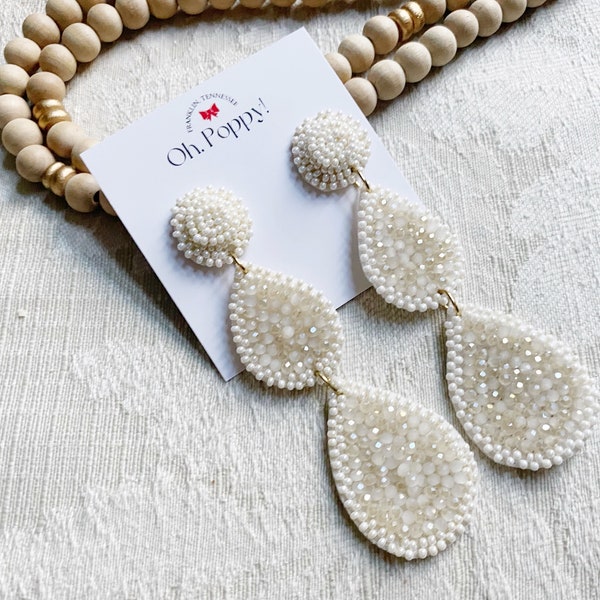 Ivory Beaded Teardrop Dangle Earrings | Statement Earrings and Gifts | Bridal Earrings | Holiday Earrings | Fashion Earrings for Her