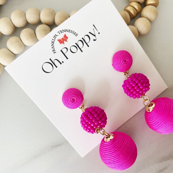 Beaded Fuchsia Bonbon Earrings | Fuchsia Triple Ball Beaded Earrings | Bead and Cord Dangle Earrings for Her from Oh, Poppy!