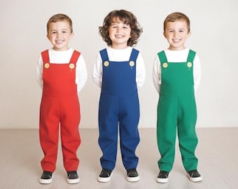 Disfraz de Super Mario Bros - Mono para niños - Azul, rojo o verde - Traje para fiesta de videojuegos - Disfraz para hermanos - Regalo de cumpleaños para niños.