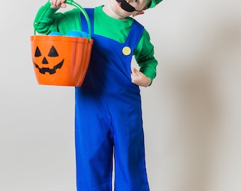 Luigi Kids Costume, 4 Piece Set, Super Mario Video Game Party Outfit